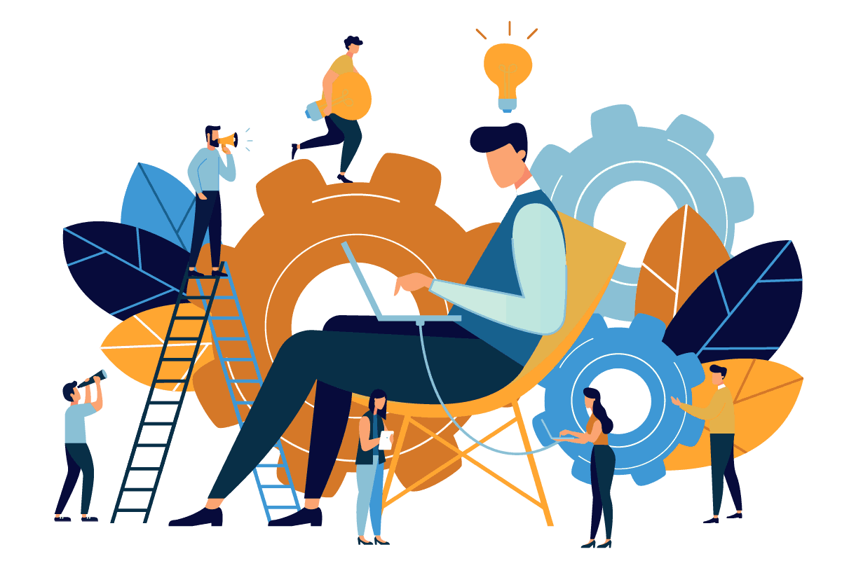 Team collaborating around large gears and a central worker using a laptop, symbolizing innovation and teamwork in tech projects.