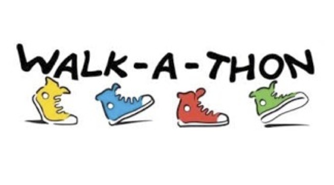 Colorful hand-drawn sneakers under the playful text "WALK-A-THON" for a charity walking event.