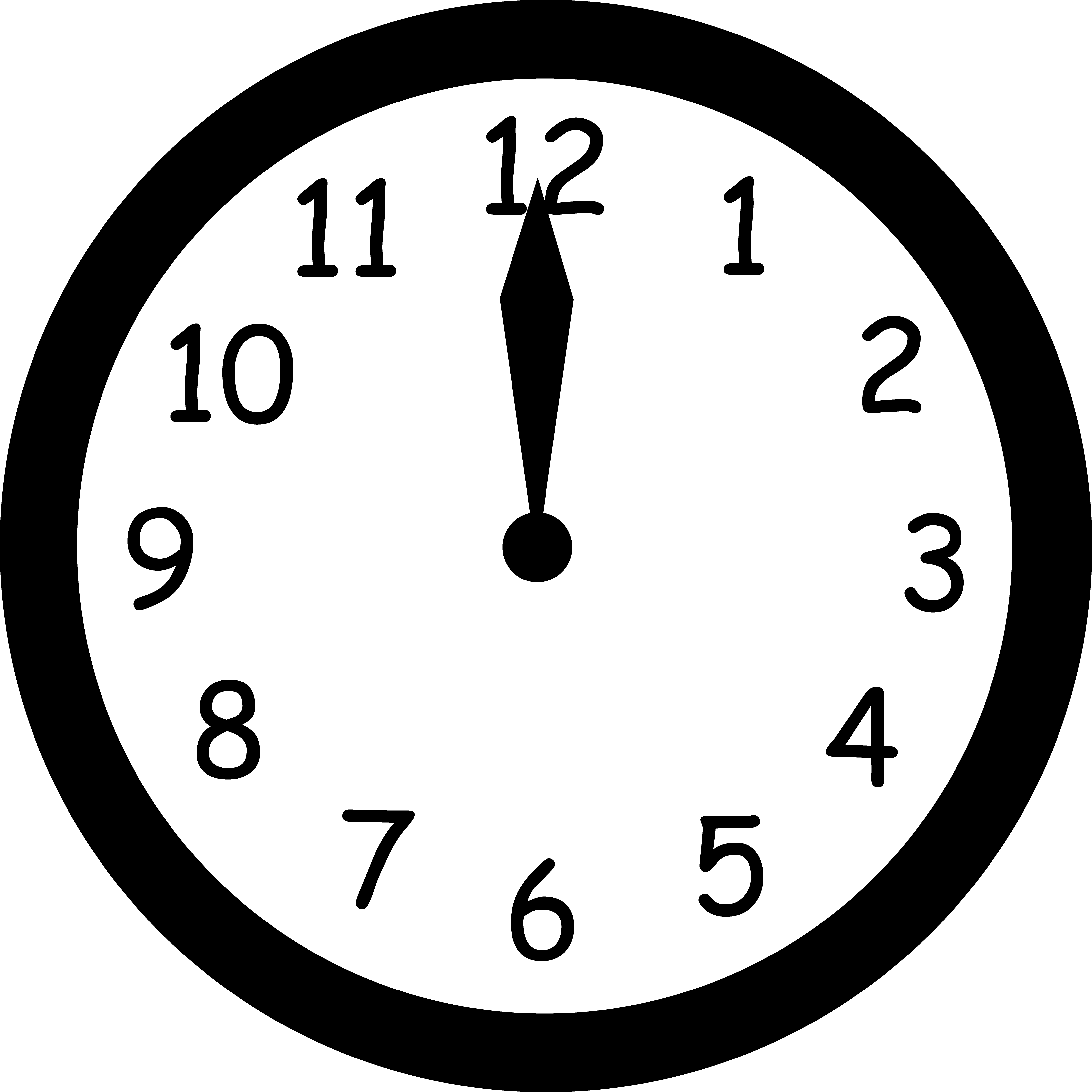 Analog clock face showing exactly 12:00 with bold black numerals and hands on white background.