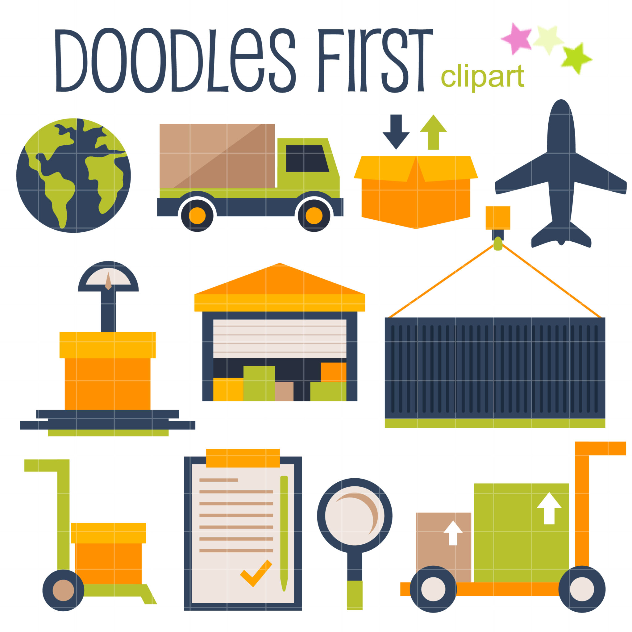 Flat-style logistics and shipping clipart set including truck, plane, container, warehouse, scale, and documents.