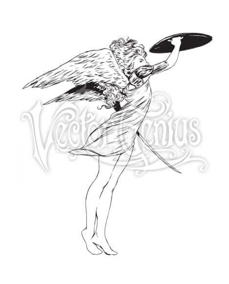 Winged angelic figure in flowing dress holding a discus, drawn in detailed black-and-white line art with ornate watermark.