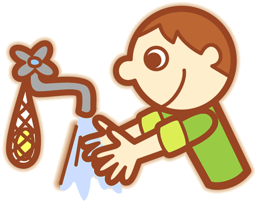 A smiling child in a green shirt washes hands under a decorative tap with a flower-shaped filter.