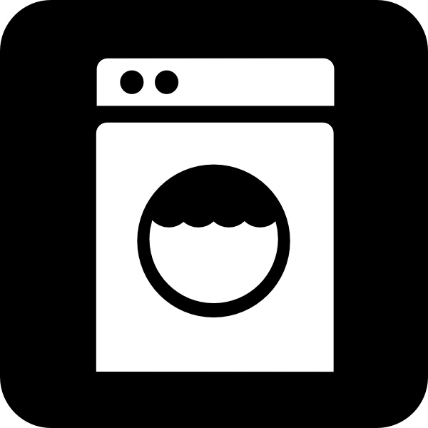 White front-loading washing machine icon on black background with water level indicator inside drum.