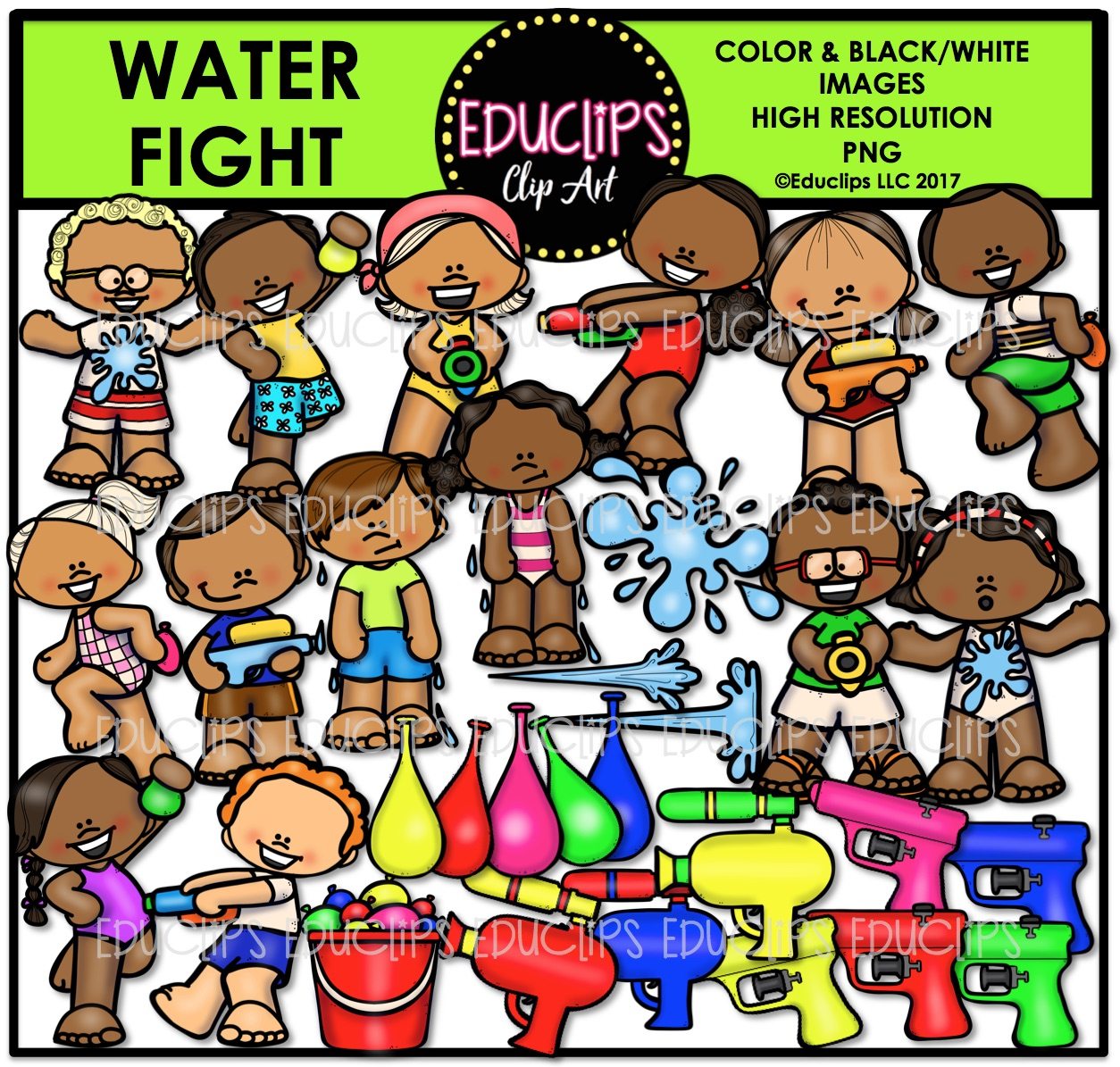 Colorful cartoon kids having a water fight with squirt guns, water balloons, and buckets; includes diverse children and high-res PNG clip art.