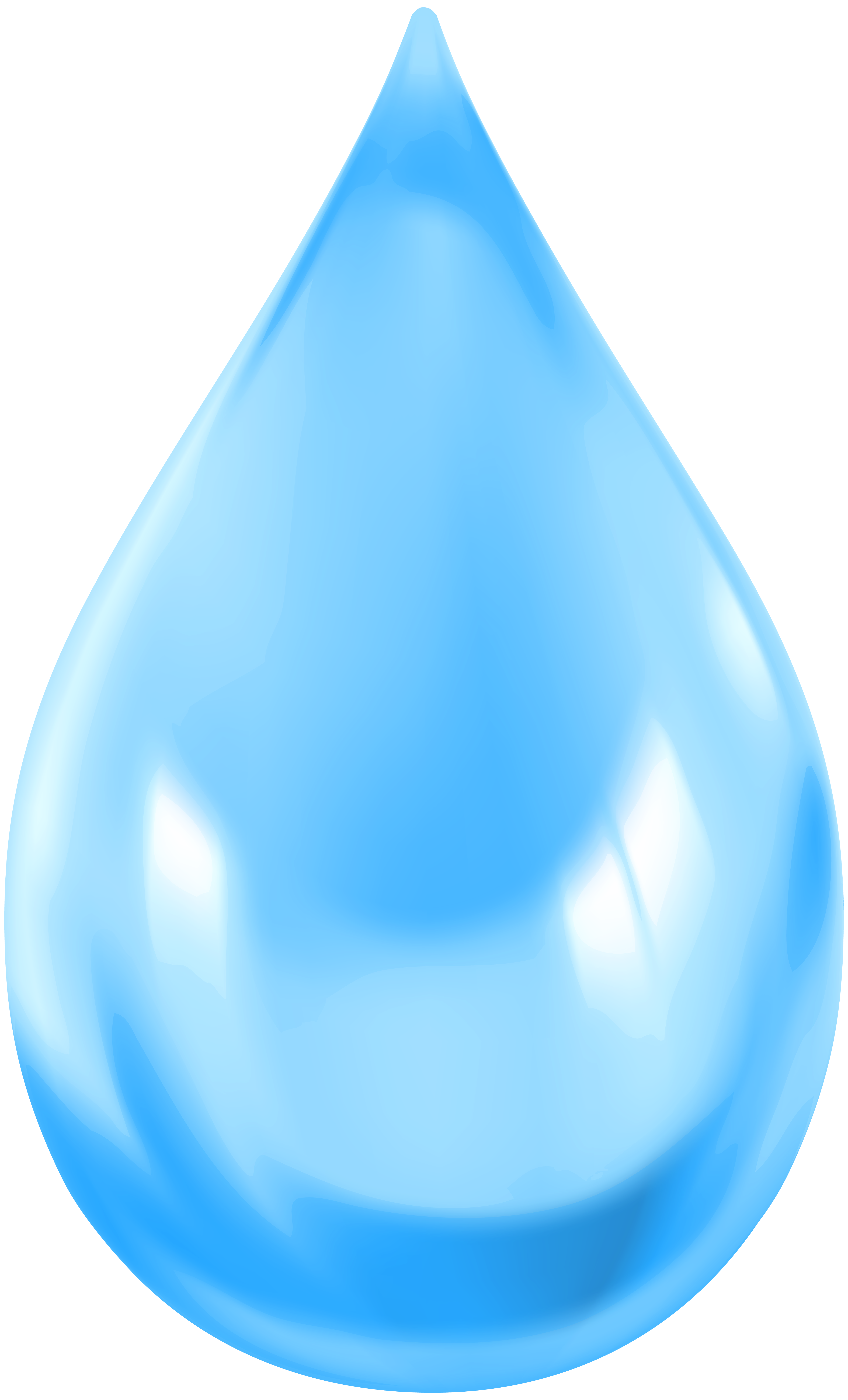 A translucent blue water droplet with light reflections and soft gradients, symbolizing purity and hydration.