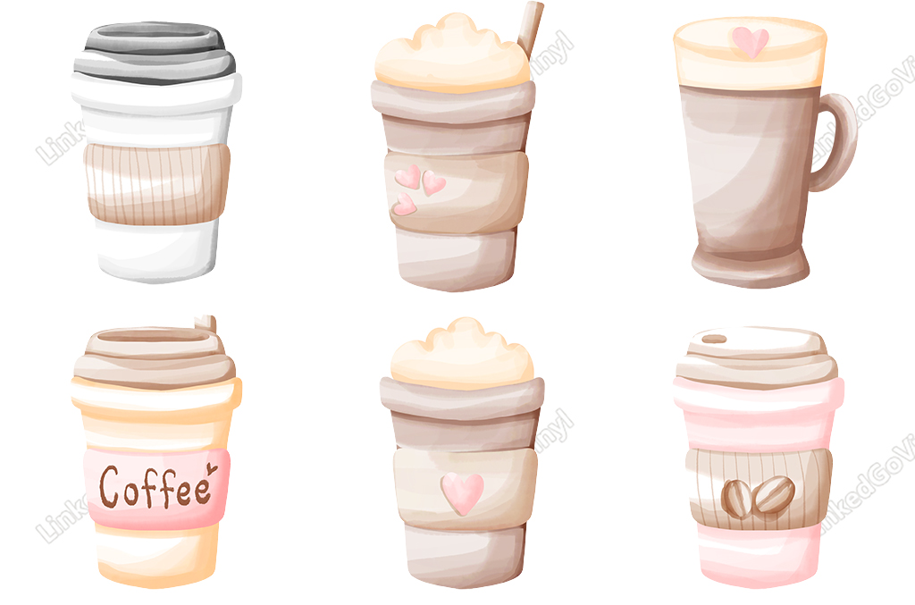 Six illustrated coffee drinks in takeaway cups and mugs with hearts, foam, and decorative sleeves.