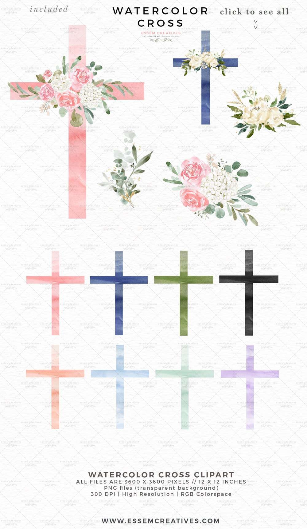Watercolor cross clipart set with floral arrangements in pink, blue, green, black, peach, light blue, mint, and lavender tones.