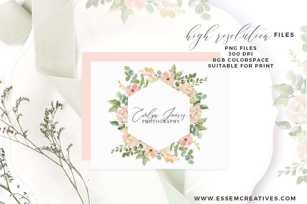 Floral watercolor logo template for "Evelyn James Photography" with hexagonal frame, pink and green tones, high-resolution PNG.