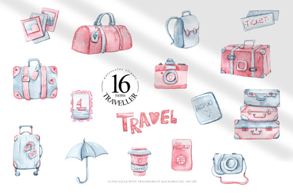 Watercolor travel clipart set with suitcases, passport, camera, ticket, umbrella, and coffee cup in soft pink and blue tones.