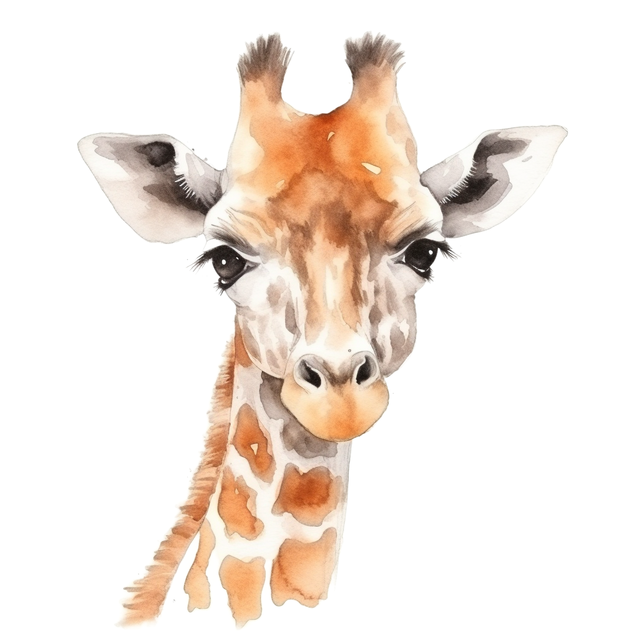 Watercolor illustration of a giraffe’s head and neck with expressive eyes and patterned coat, isolated on transparent background.