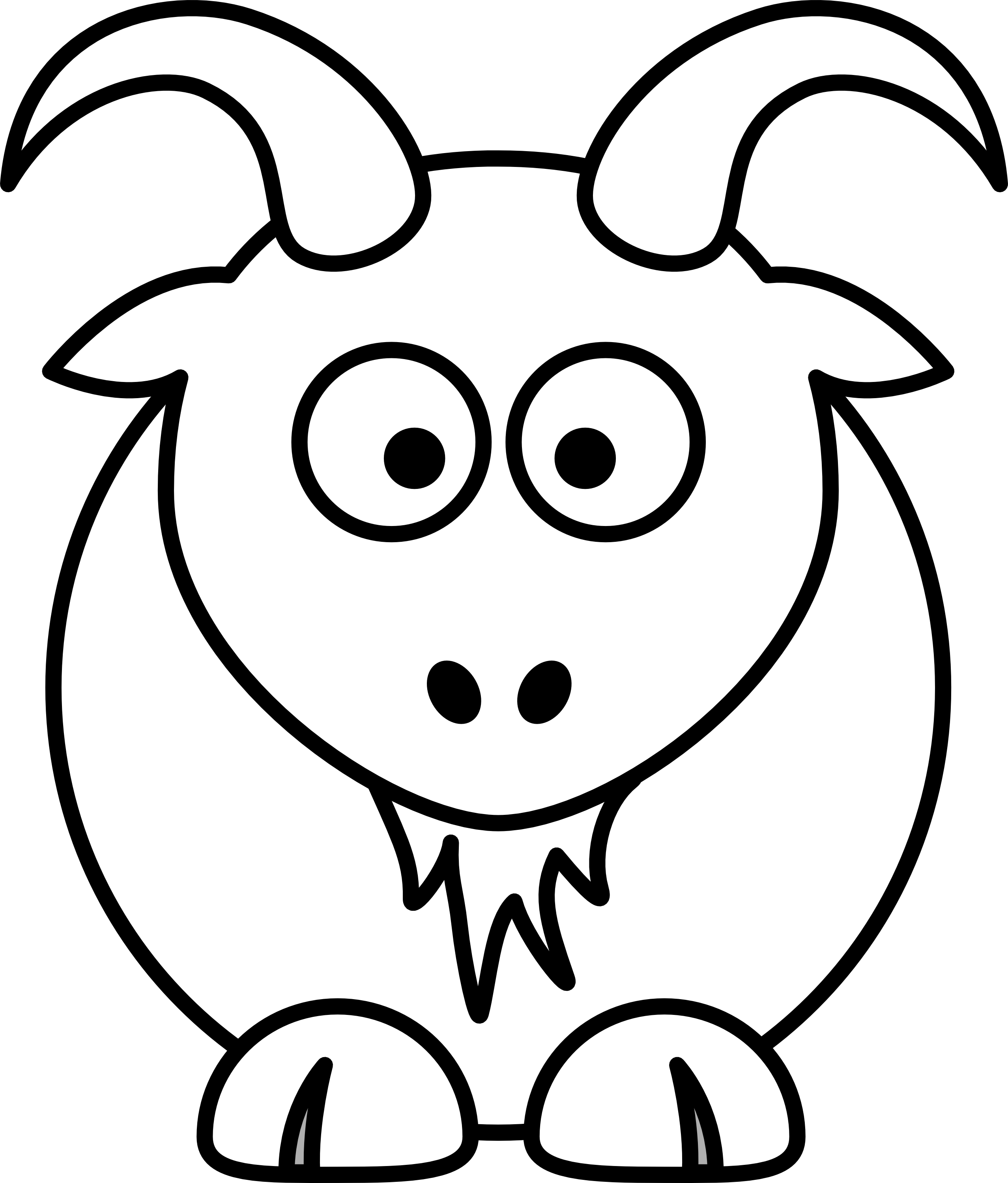 Cartoon goat with big eyes, curved horns, and smiling face, black-and-white line drawing for coloring or education.