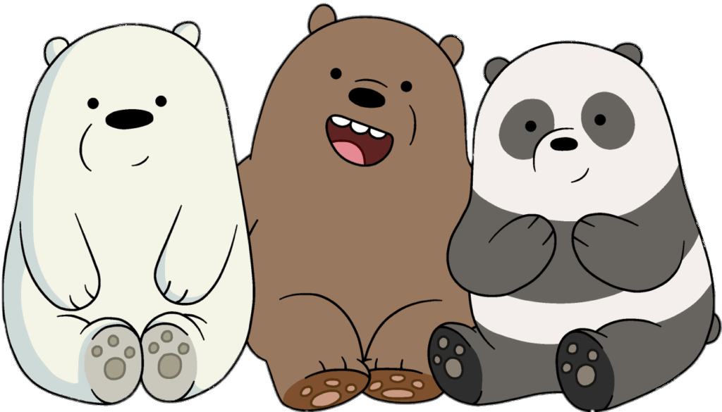 Three cartoon bears-white polar bear, brown grizzly, and black-and-white panda-sitting side by side smiling.