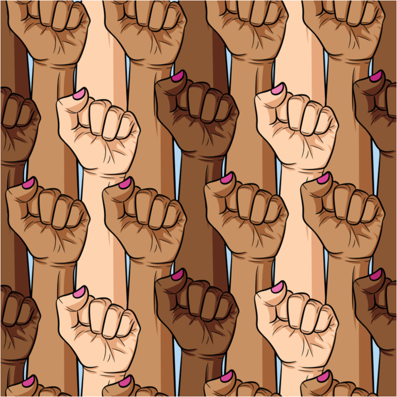 Diverse raised fists with pink nail polish in a repeating pattern, symbolizing unity and empowerment.