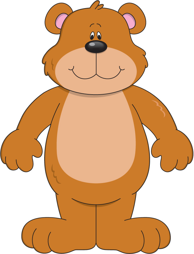 Friendly cartoon brown bear standing upright with a cheerful smile and pink inner ears.