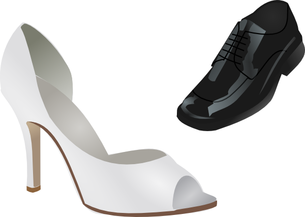 White peep-toe high heel and black patent leather men's dress shoe on white background.