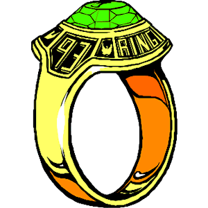 A stylized golden ring with a green faceted gemstone and engraved "97 RING" on the band.