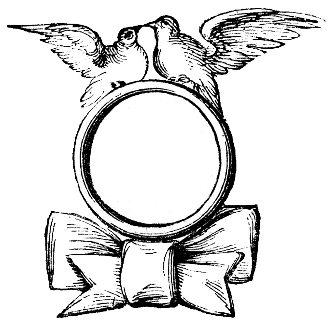 Two doves perched atop a circular frame with a ribbon bow below, in vintage line-art style.