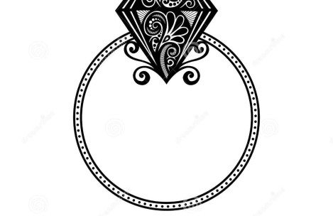 Ornate black-and-white illustration of a diamond ring with floral filigree and beaded band.