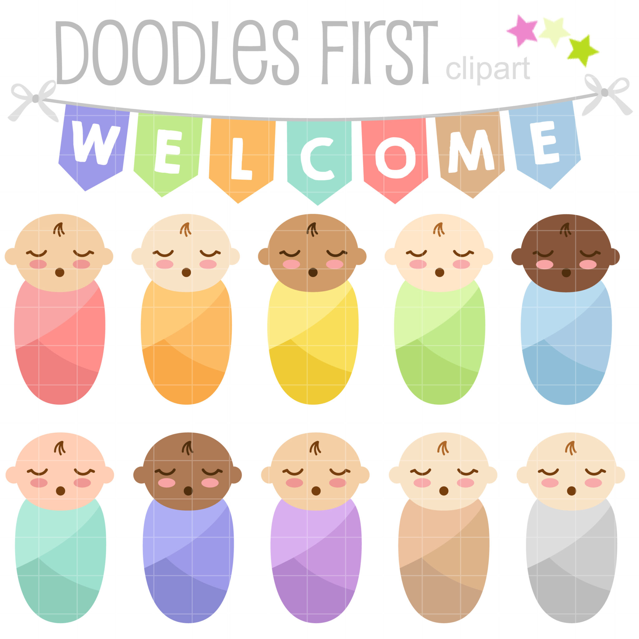 Ten diverse swaddled baby clipart illustrations under a colorful "WELCOME" banner by Doodles First.