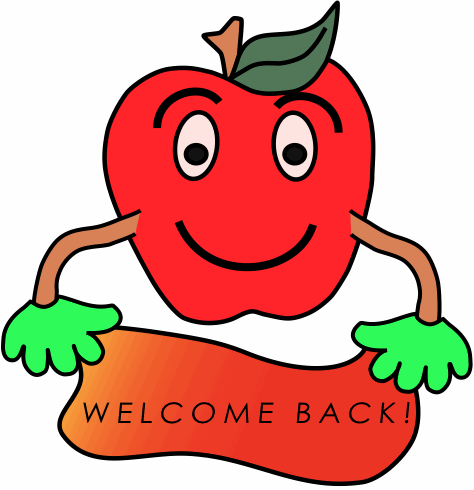Smiling red apple character holding a "WELCOME BACK!" banner with green gloves and leaf stem.