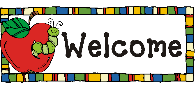 Colorful welcome banner with red apple, smiling caterpillar, and multicolored block border.