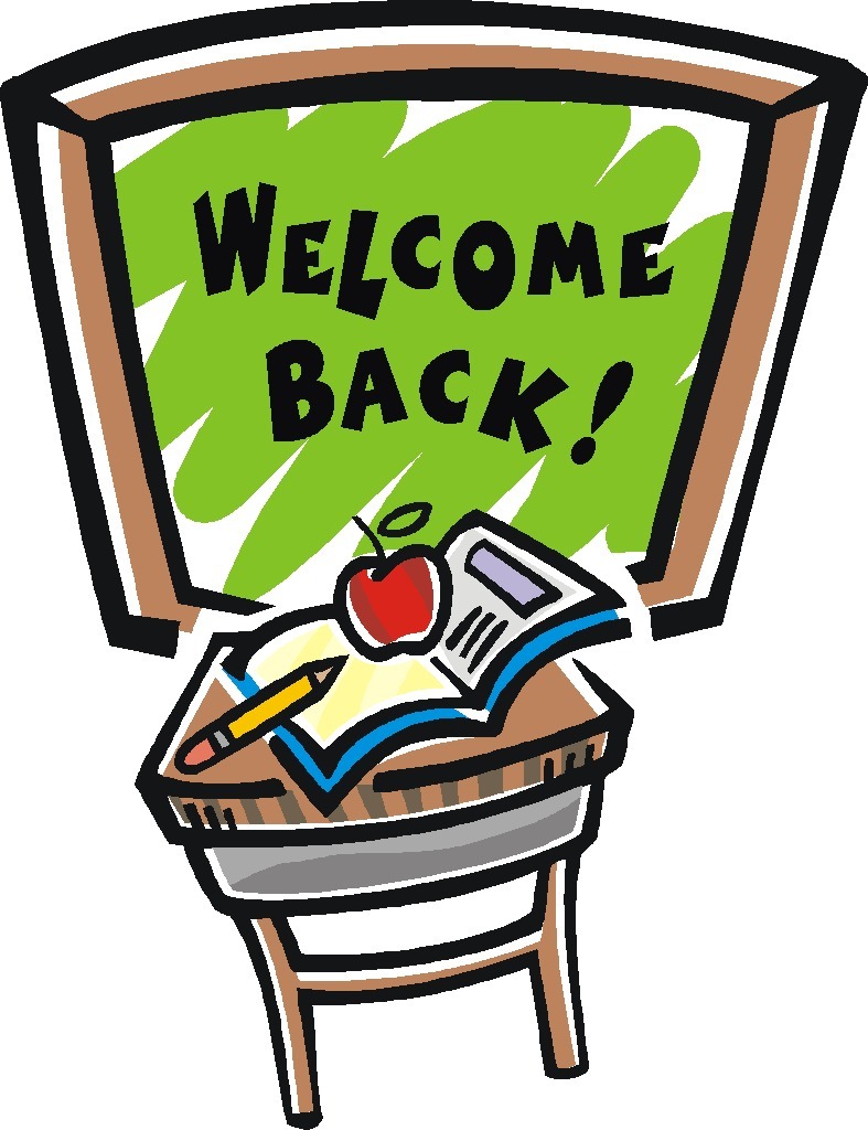 A classroom chalkboard reading "WELCOME BACK!" with a desk holding an open book, apple, and pencil.