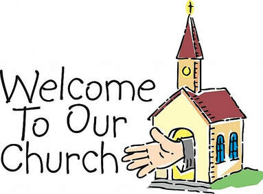 Hand welcoming visitors to a cartoon church with steeple and cross.