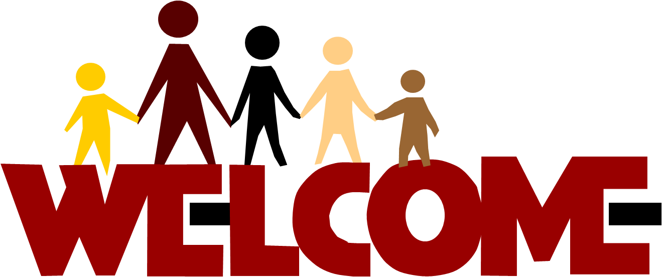 Diverse group of five stylized people holding hands atop the word "WELCOME" in bold red letters.