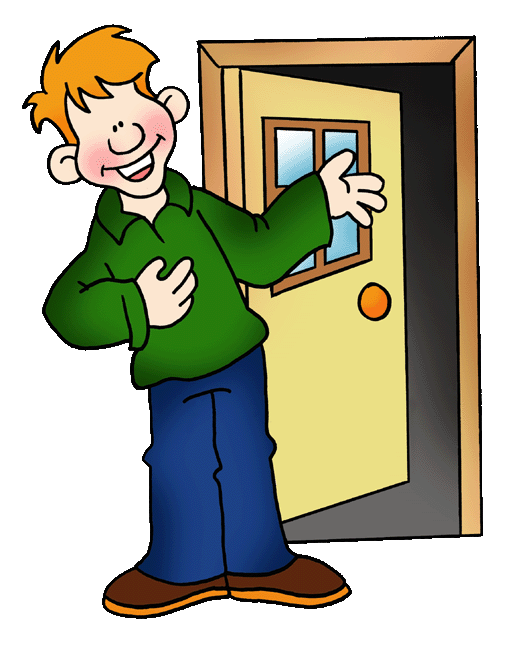 Friendly cartoon boy with orange hair in green shirt welcoming at open door.