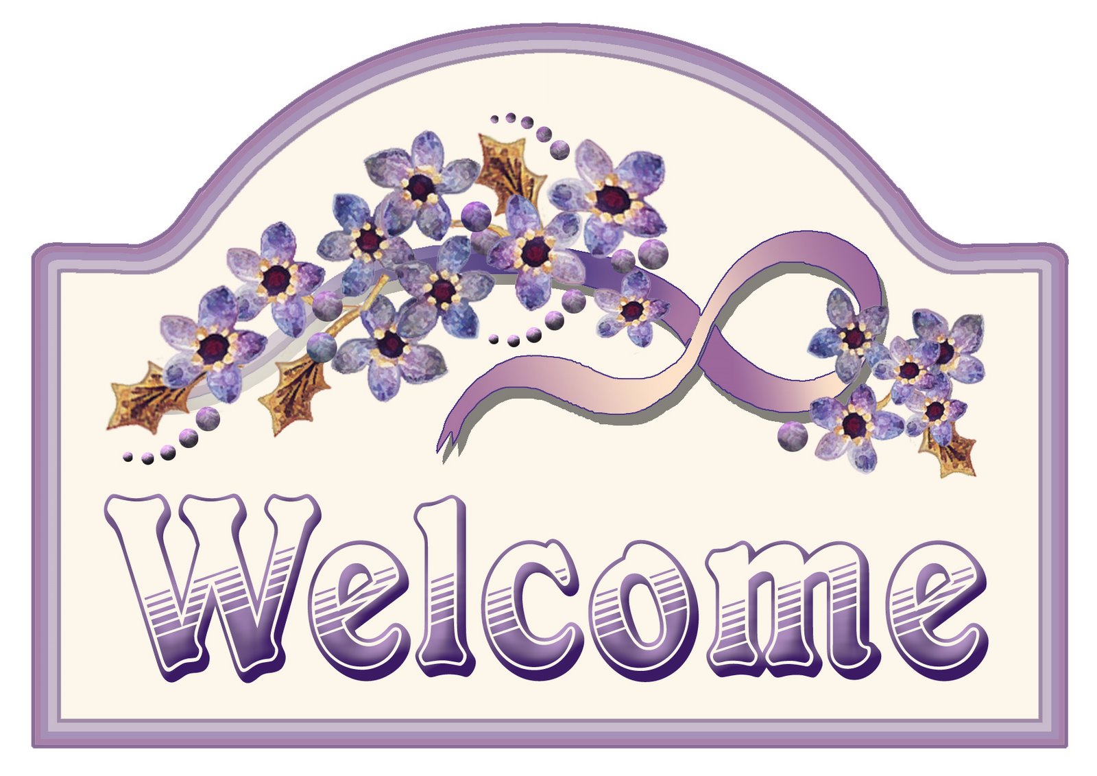 Decorative purple floral "Welcome" sign with ribbon and holly accents on cream background.