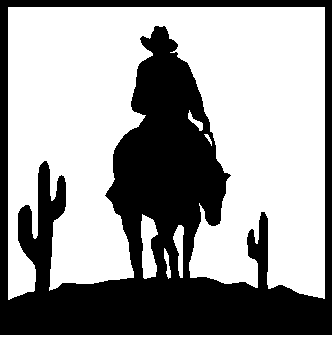 Silhouette of a cowboy on horseback in a desert landscape with cacti.