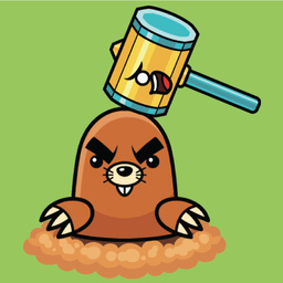 Angry cartoon mole with a wooden hammer balanced on its head, set against a green background.