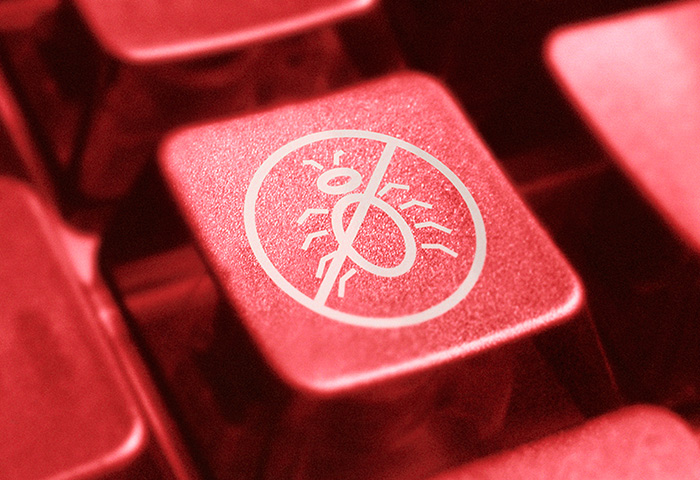Red keyboard key with white "bug crossed out" icon, symbolizing bug fixing or debugging in software development.