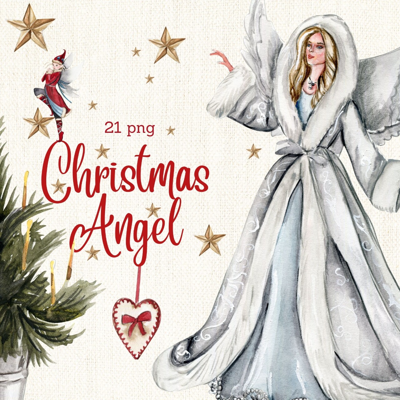 Watercolor illustration of a graceful Christmas angel in a silver-white robe with wings, golden stars, and festive elements like a tree and heart ornament.