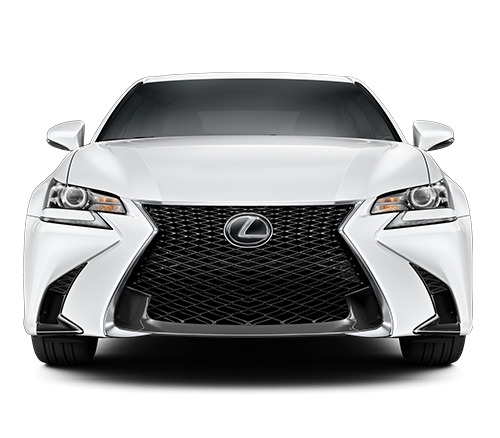 Front view of a white Lexus sports sedan with signature spindle grille and LED headlights.