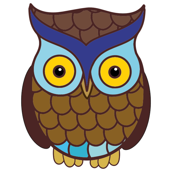 Cartoon owl with large yellow eyes, blue facial markings, and brown feathered body.