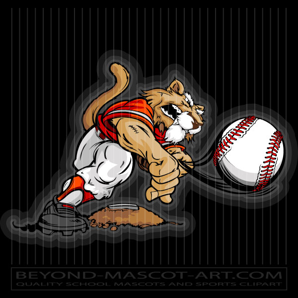 Fierce cartoon cougar mascot in baseball uniform swinging bat at a ball on dark striped background.