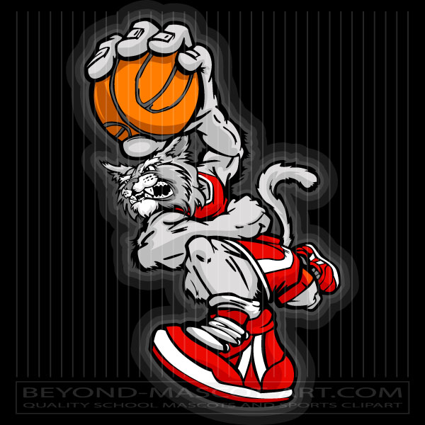 Fierce gray cat mascot in red uniform dunking a basketball with dynamic motion lines and shadow effect.