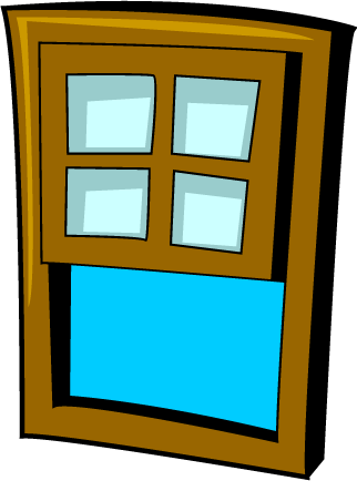 Cartoon-style wooden window with four small upper panes and one large open lower pane showing blue sky.
