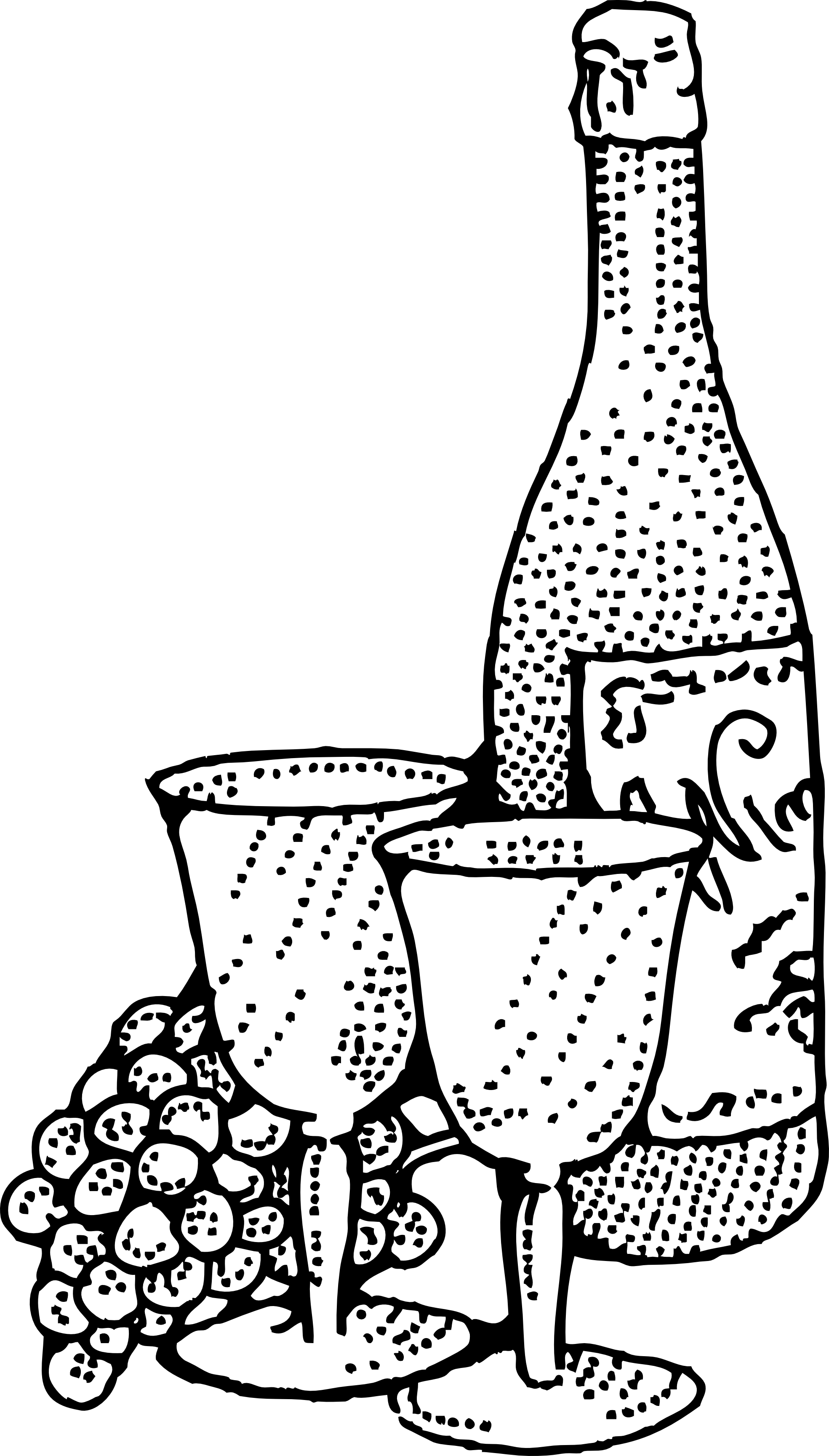 Black-and-white line drawing of a champagne bottle, two filled glasses, and a cluster of grapes.