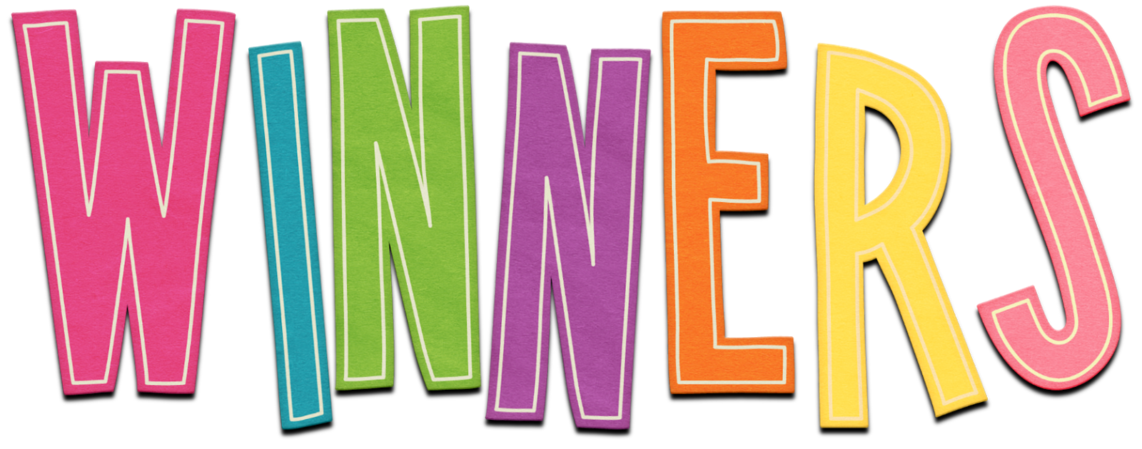 Colorful bold "WINNERS" text in varied pastel hues with white outlines on black background.