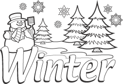 Winter scene with snowman holding broom, evergreen trees, snowflakes, and bold "Winter" text in foreground.