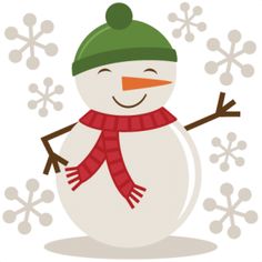 Cheerful snowman wearing green hat and red scarf, surrounded by snowflakes.