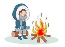 A person in winter gear and face mask sits by a campfire, warming hands.
