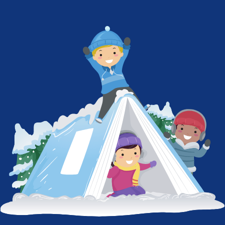 Three smiling children playing in a snow fort with winter gear on a snowy day.