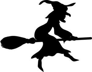 Silhouette of a witch flying on a broomstick, wearing a pointed hat and flowing dress.