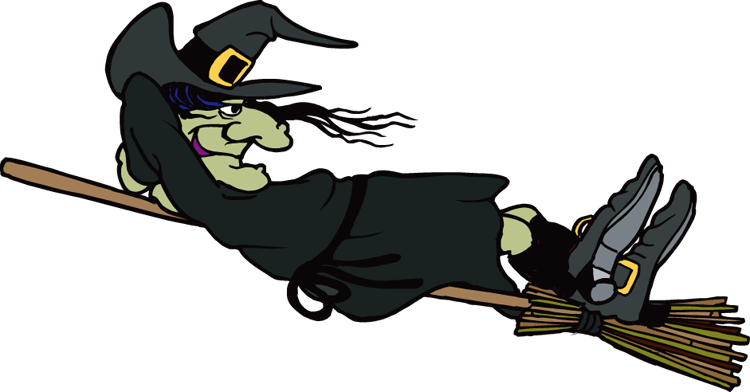 Cartoon witch with green skin, pointy hat, and black robe flying on a broomstick against a black background.