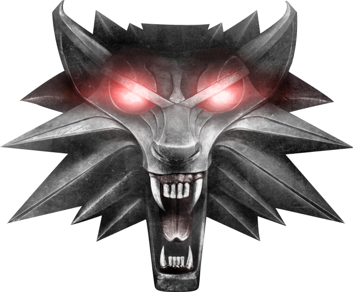 A metallic wolf head emblem with glowing red eyes and sharp fangs, representing the Witcher series.