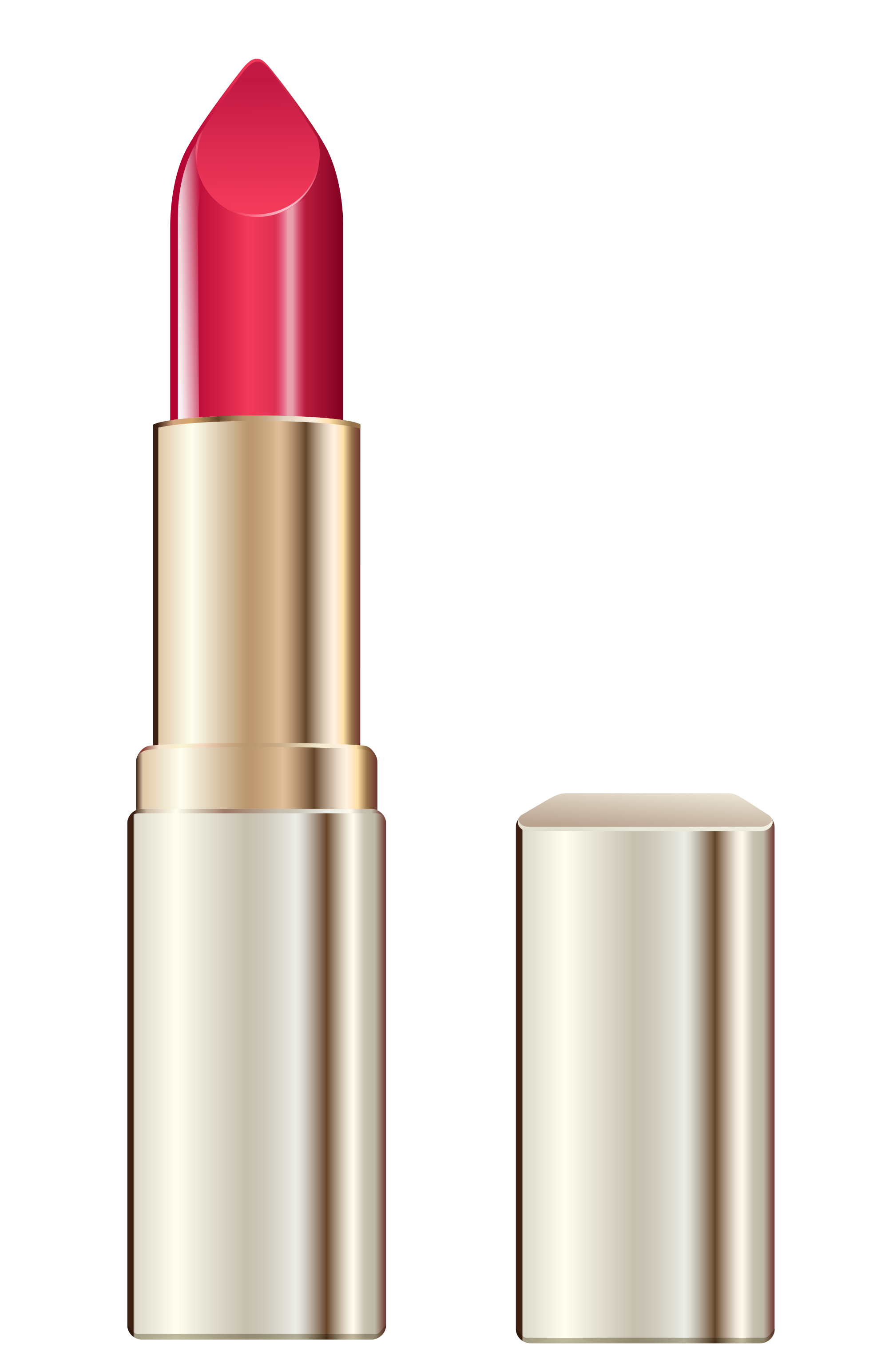 A vibrant red lipstick in a sleek gold and cream-colored tube, cap removed and placed beside it.