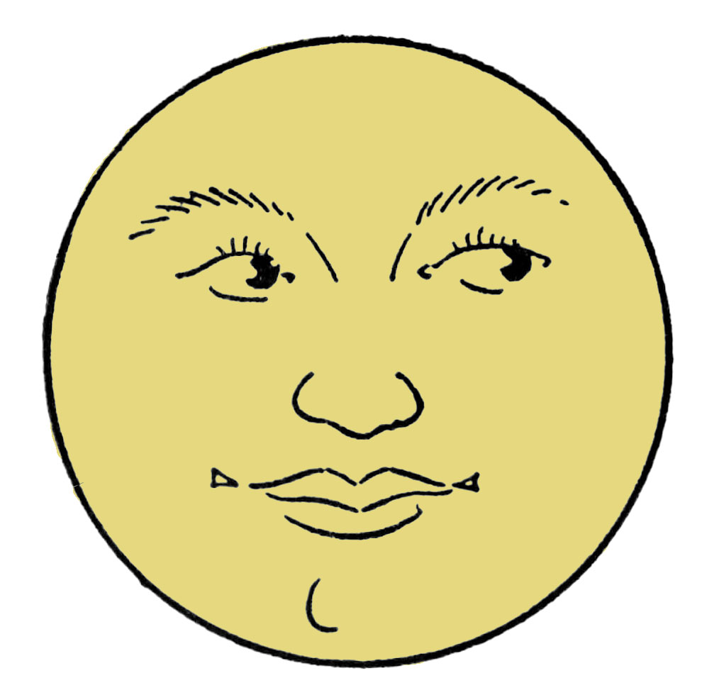A stylized yellow circular face with expressive eyes, nose, lips, and a small chin mark, drawn in black ink.